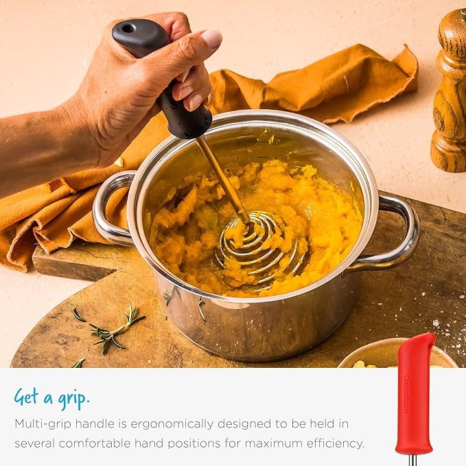 Dreamfarm Smood One-Handed & Ergonomic Soft-Grip, Stainless-Steel Vegetable & Potato Masher with Silicone Bowl Scraper - Black