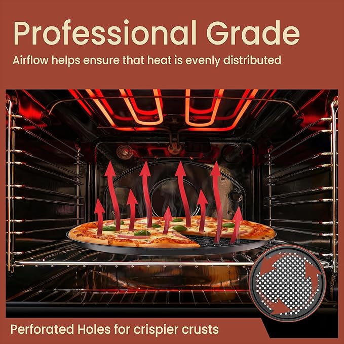 Bakken- Swiss Non-Stick Pizza Pan with Holes - 13-Inch Perforated Pizza Crisper Carbon Steel Pizza Pan - 2 Round Pizza Trays - PFOA PFOS and PTFE Free