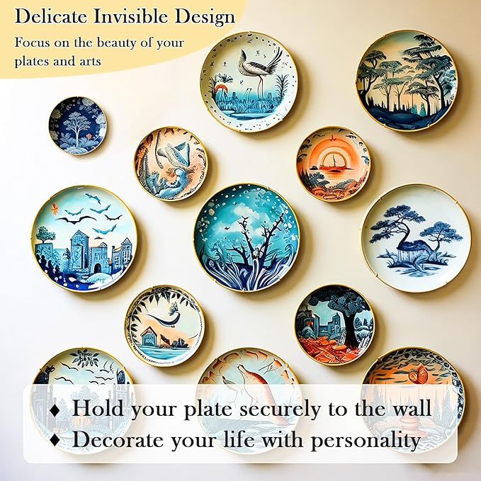 14 Pack Plate Hangers for Wall Display, 6/8/10/12 Inch Invisible Stainless Steel Plate Holders with Wall Hooks, Fit 5.5–12.5 Inch Decorative Plates, Plate Display Hangers for Home Wall Decor, Gold