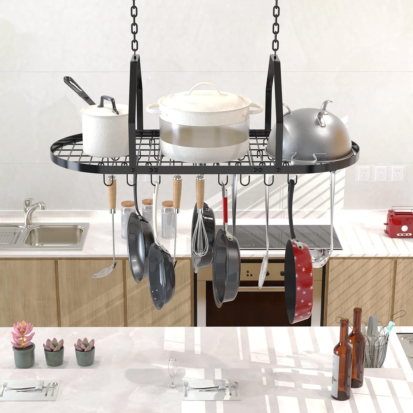 Ceiling Pot and Pan Rack, Kitchen Pot Organizer Storage Rack, Multi-Purpose Organizer for Home, Restaurant, and Kitchen Cookware with 20 Removable Hooks (Black)
