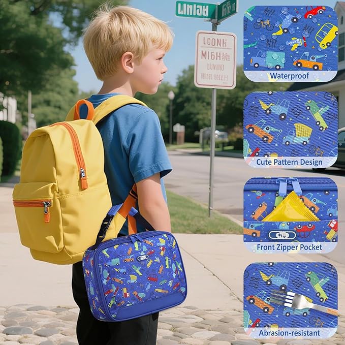 Lunch Box Kids Insulated Lunch Bag for Boys Girls Cute Reusable Lunch Tote Bag Waterproof Portable Thermal Lunch Box Kids for School Picnic Travel Blue Car