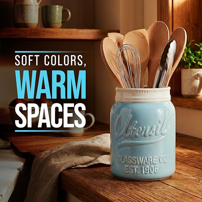 Comfify Wide Mouth Mason Jar Utensil Holder Decorative Kitchenware Organizer Crock, Dishwasher Safe - Kitchen Caddy Aqua Blue for Countertop, Large Size 7" Hight