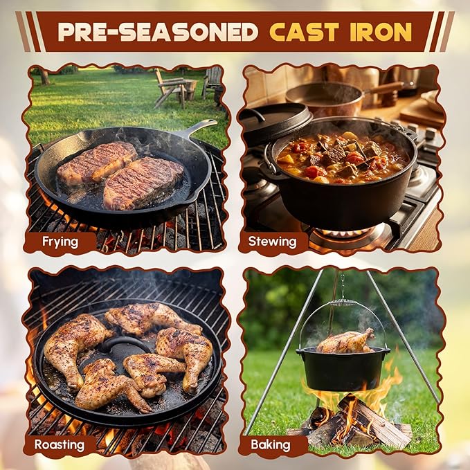 Geetery 15 Pcs Pre-seasoned Cast Iron Cookware Set, Dutch Oven Camping Accessories Kit with Skillet, Pan, Pot, Gloves, Lid Lifter, Storage Bag, Scrubber for Kitchen Ourdoor Campfire Grill BBQ Cookware
