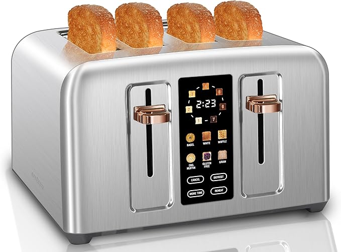 SEEDEEM Toaster 4 Slice, Stainless Toaster & Touch Control, LCD Display, 6 Bread Type, 7 Shade Settings, 1.5'' Wide Slots, Cancel/Defrost/Reheat, Removable Crumb Tray, 1800W, Silver Metallic