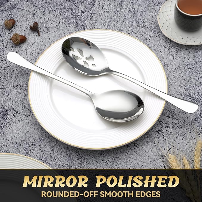 6 Piece Stainless Steel Serving Spoon Set - 3 Large, 3 Slotted,Dishwasher Safe,10-Inch,for Parties/Kitchen/Buffet/Catering