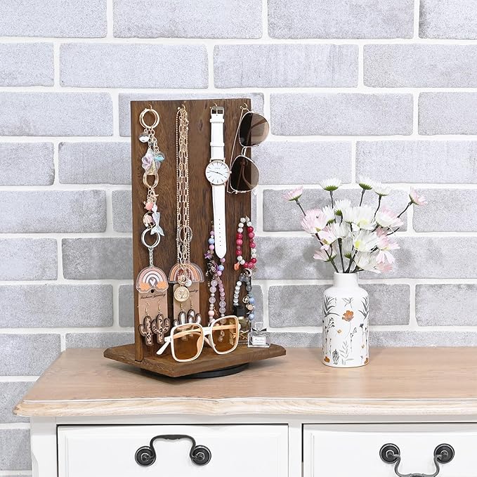 Ikee Design Wooden Rotating Two-Sided Jewelry Display Stand, Rotating Organizer with 32 Hooks for Store, Earring Keychain Display with Hooks, Brown color, 9 W x 7.5 D x 16.5 H in