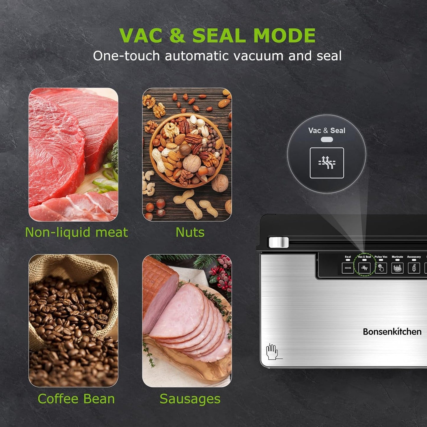 Bonsenkitchen Vacuum Sealer Machine, Stainless Steel Food Sealer Vacuum Sealers with 100 Bags & 1 Roll, 5 Food Vacuum Modes, Built-in Cutter & Bag Storage, Black