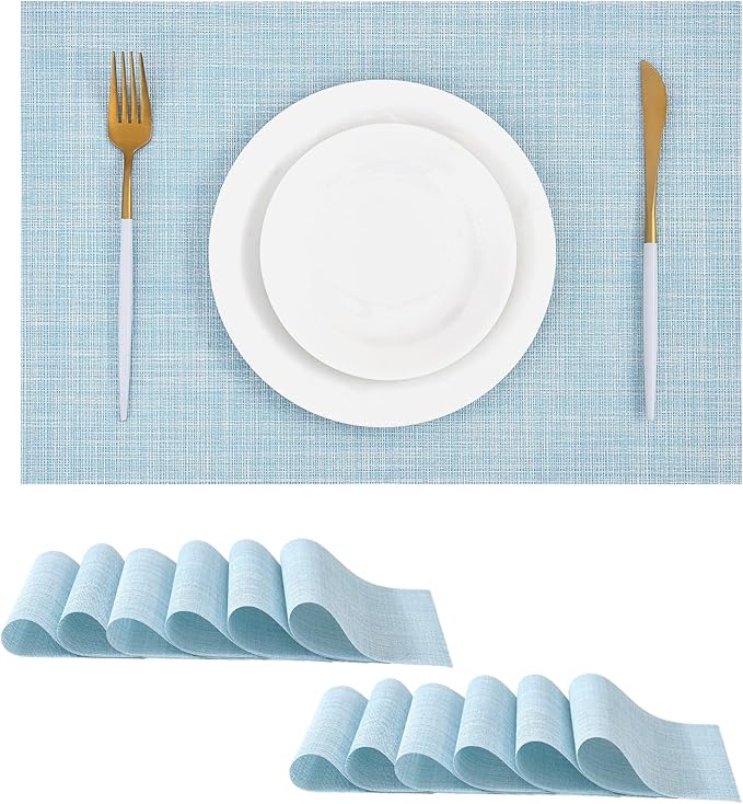Leetaltree Soft Sky Blue Woven Placemats Set of 12 - Heat Resistant Non-Slip Place mats for Dining Table, Washable Durable PVC Vinyl Woven Table Mats(Sky Blue, 12)