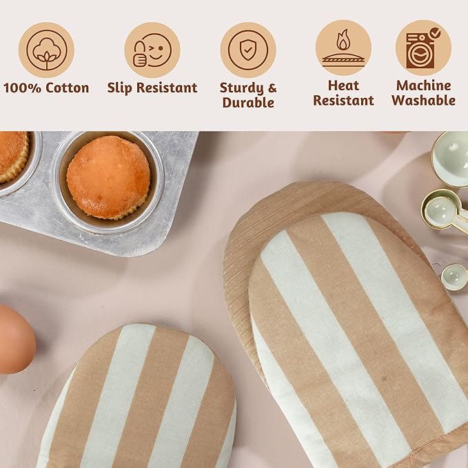 Folkulture Oven Mitts - Set of 2 (5.75x9) | Oven Mitts with Hanging Loop for Cooking Gifts for Women, Kitchen Decor| 100% Cotton, Silicone Heat Resistant Mini Mitts for Mom (Latte)