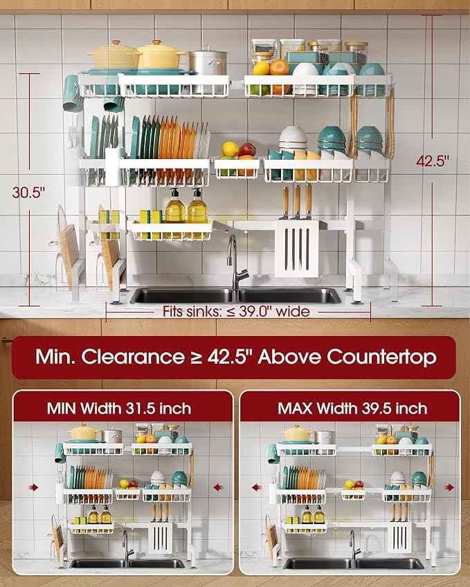 Over The Sink Dish Drying Rack - Adjustable 3 Tier XX-Large Capacity Stainless Steel Drainer with Cutlery & Utensil Holders, Kitchen Storage & Organization, 31.5"-39.5"L x 12"W x 30.5"H, White