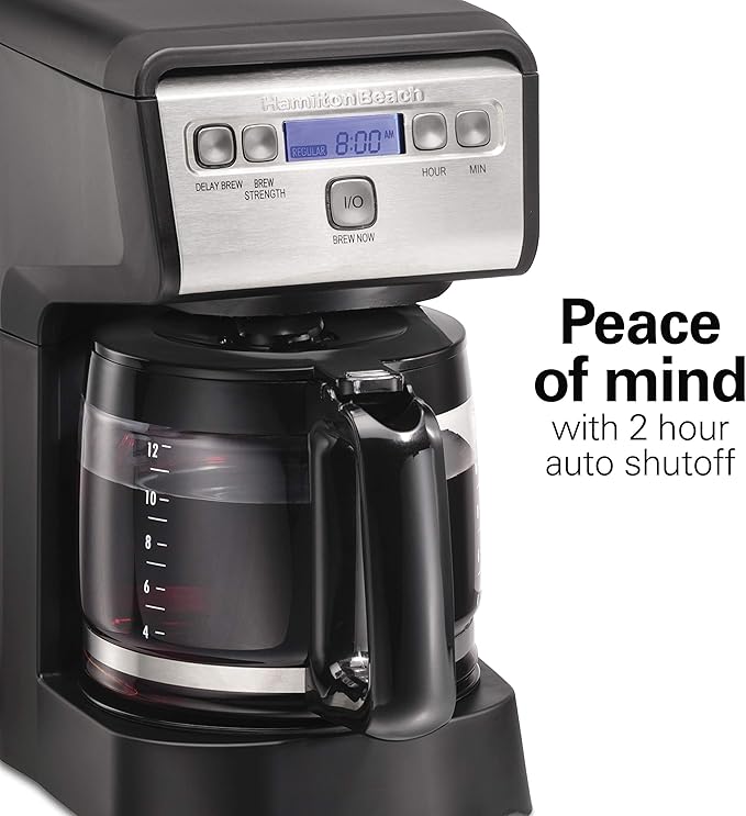 Hamiton Beach 12 Cup Compact Programmable Drip Coffee Maker with No-Drip Burosilicate Glass Carafe, 2-Hour Auto Shutoff, Space-Saving Design, Black with Stainless Steel Accents (46200)