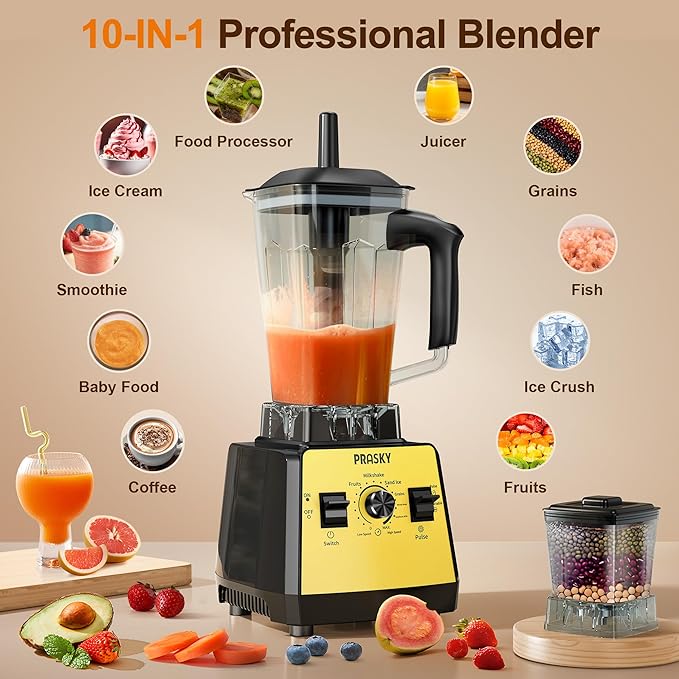 Blenders for Kitchen, Smoothie Blender, 2400W/1000W Prasky Blender & Grinder Combo, 25,000 RPM High Speed, 68oz BPA-Free Food Processor, Countertop Blender for Smoothies, Shakes & Food (Yellow, 2L)