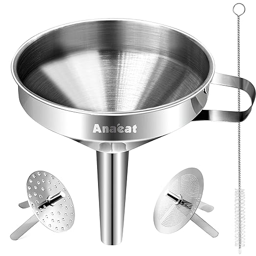 Anaeat Stainless Steel Kitchen Funnel, Multi-Use Premium Metal Food Grade Cooking Funnels with 2 Removable Strainer Filter for Transferring Liquid or Dry ingredients, Oils & 1 Pc Cleaning Brush (4.1")