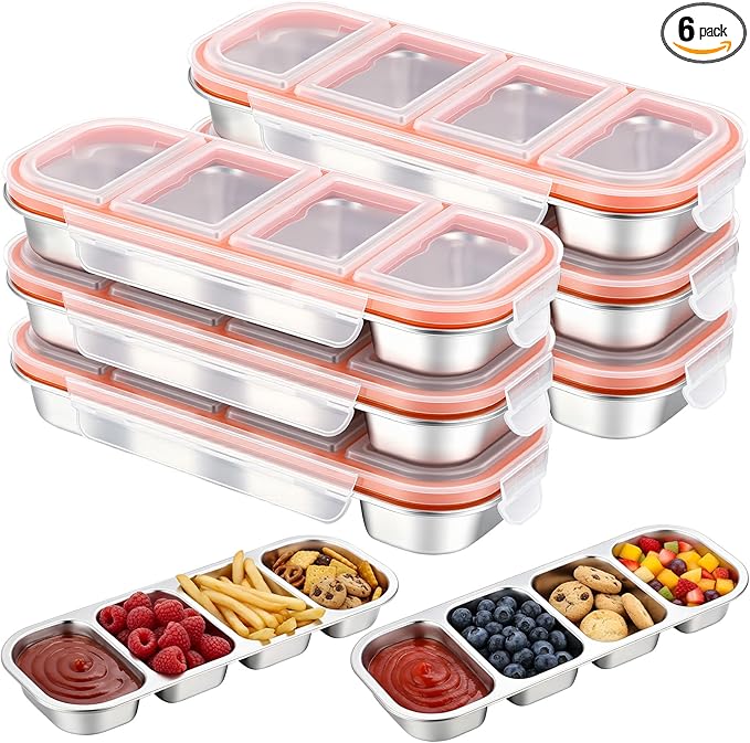 6 Pcs Stainless Steel Snack Containers with Leak Proof Lids, 4 Compartments Metal Bento Lunch Box, Reusable Stackable Divided Food Storage Containers for Meal Prep Daycare, Work