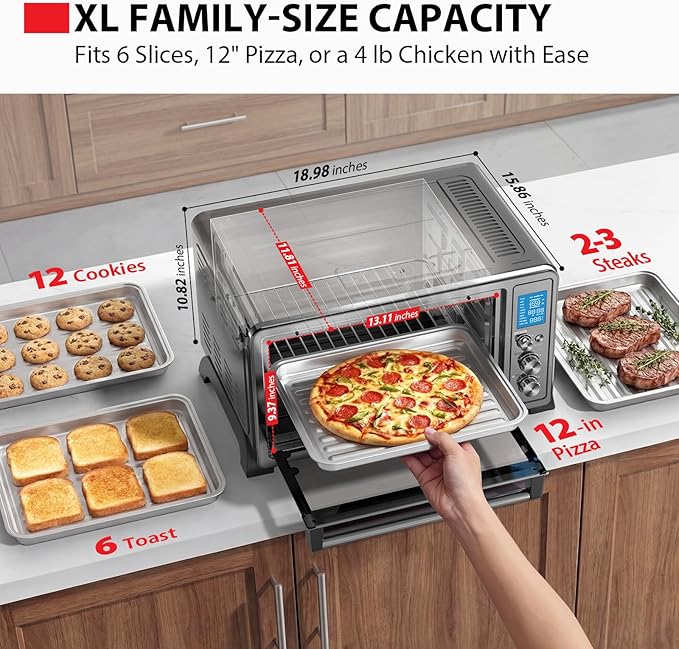TOSHIBA 10-in-1 Convection Toaster Oven, 6-Slice Countertop Oven, 1500W with Toast, Bake, Broil, Rotisserie & Pizza Functions, LCD Knob Controls, 6 Accessories, Black Stainless Steel