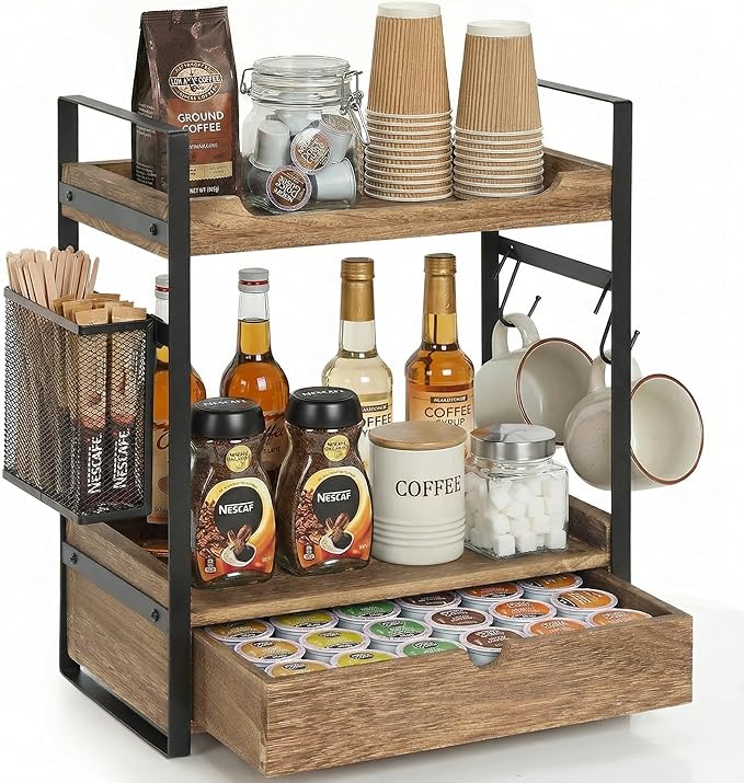 Coffee Station Organizer Countertop, Wooden Coffee Bar Accessories Organizer with Basket, 2 Mug Holder Hooks and Pod Drawer, Multifunctional 2 Tier Countertop Organizer for Kitchen, Bathroom, Office