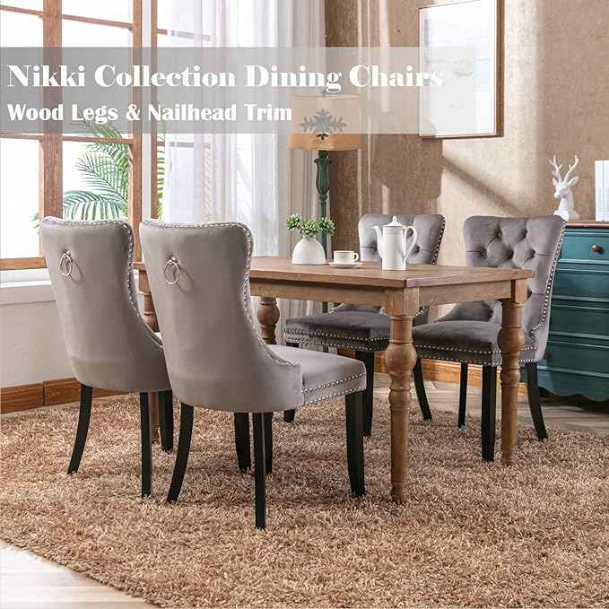 Grey Velvet Dining Chairs Set of 4, Upholstered Dining Room Chairs with Back Ring Pull Trim and Solid Wood Legs,Tufted Wingback Kitchen Chairs for Dining Room,Living Room,Kitchen(Grey)