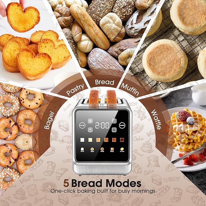 Digital 4 Slice Toaster with LED Touchscreen Long Slot Stainless Steel Toaster for Family, Wide Slots for Thick Bread & Bagels, 6 Shade Settings, Defrost, Reheat, Memory & Single-Slice Modes