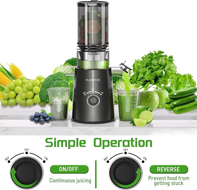 Cold Press Juicer, Slow Masticating Juicer Machines with 5" Feeding Chute Fit Whole Fruits&Vegetables, Stainless Steel Slow Masticating Juicer Easy to Clean, 99.6% Juice Purity, 1.5L Capacity-Black