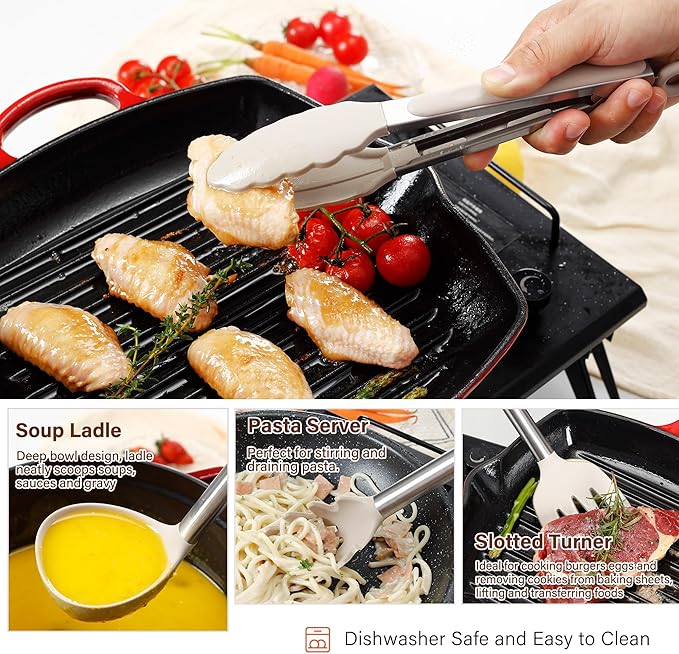 Silicone Cooking Utensils Set, NCUE 35 Pcs Kitchen Utensils Set with Holder, with Stainless Steel Handle Spatula Set, Spoons, Pasta Server, Cheese Grater, Masher, Scissors, Dishwasher Safe (Khaki)