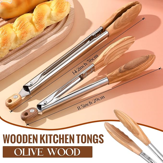 Baderke 2 Pcs Olive Wooden Kitchen Tongs for Cooking Wooden Utensil Set Salad Tongs with Wood Tips for Serving Salad Flipping Burgers Grilling and Much More, Set of 2, 11.4 Inch and 14.6 Inch