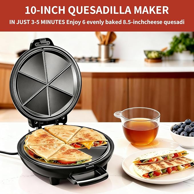 Electric Quesadilla Maker, 9.5'' Quesadilla Press with Easy Slice 6 Wedge, Non Stick Surface, Locking Latch For Extra Stuffing, Grilled Cheese Corn Flour Tortilla Snacks
