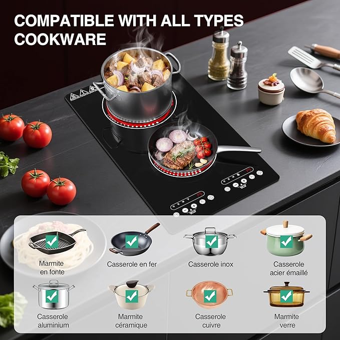 Electric Cooktop 2 Burner: 12 Inch Built-in Electric Stove Top with Dual Heating Rings, Child Lock & Keep-Warm – Portable Countertop Burner for Kitchen, RV, Apartment, All Cookware Compatible
