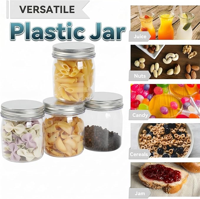 novelinks 8 oz Clear Plastic Jars with Airtight Lids, 16 Pack Plastic Mason Jars with Lids 8oz, Refillable Storage Slime Containers & Small Spice Jar for Kitchen Organization (16 Pack,Silver)