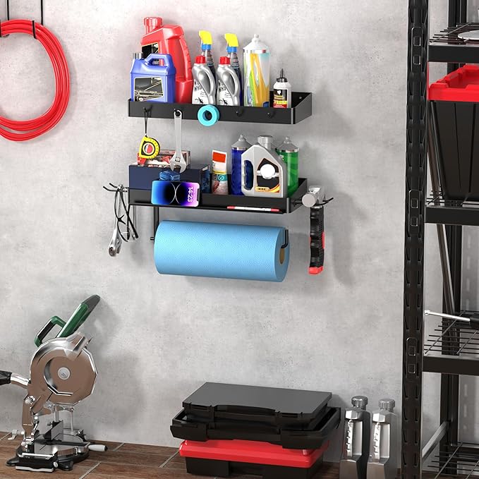 ZUNTO Garage Paper Towel Holder with 2 Shelves, Black Paper Towel Holder with Hooks, Wall Mount Paper Towel Rack for Organization and Storage, Drilling