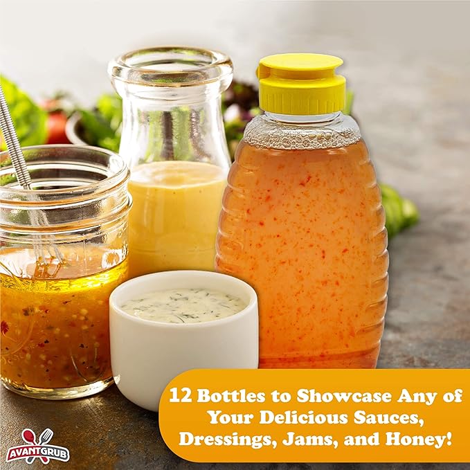 Easy Squeeze 12 Pk 12 Oz Empty Honey Bottles. BPA-Free Food-Safe PET Plastic Honey Dispenser. Flip-Top Refillable Syrup Container. Great for Storing and Serving BBQ Pasta Sauces or Salad Dressings.