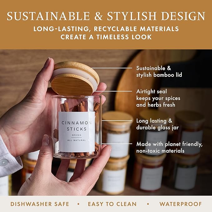 Glass Spice Jars with Labels-12 Pack- 6.8oz- 360 Labels- Spice Containers with Bamboo Lids -Spices Organization for Cabinet-Drawer-Rack-Seasoning containers-herbs- Organizer-Spices Bottles