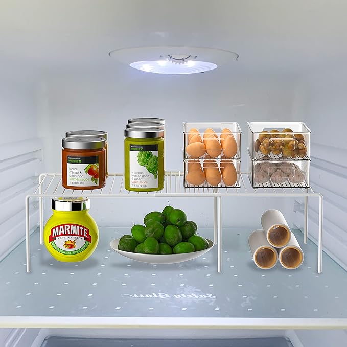 iPEGTOP Set of 2 Expandable Kitchen Cupboard Organiser, 4-Piece Adjustable Freezer Cabinet Storage Wire Shelf Rack Rustproof Metal Shelves Space Saver for Countertop Pantry Drawer Utensils (White)