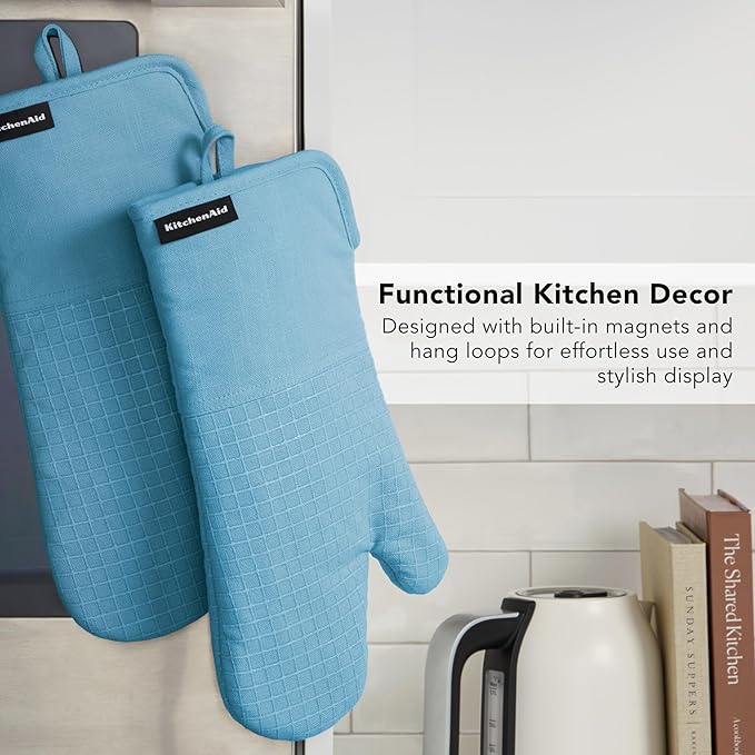 KITCHENAID Gourmet Series Gridlines Oven Mitts 2-Pack Set, Heat Resistant up to 600°F, Soft Silicone Grip, Magnetic Cuff, Blue Velvet, 7"x14"