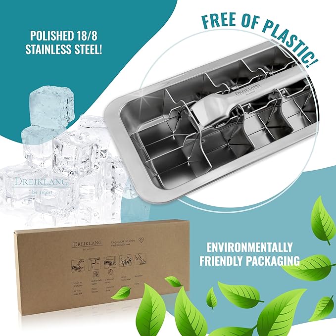 Stainless Steel Polished Set 2-Pack Ice Cube Tray for freezer Ice Cube Tray with Lever Insert for Easy Release | Food-Safe & Durable Ice Cube Maker | Plastic-Free Large