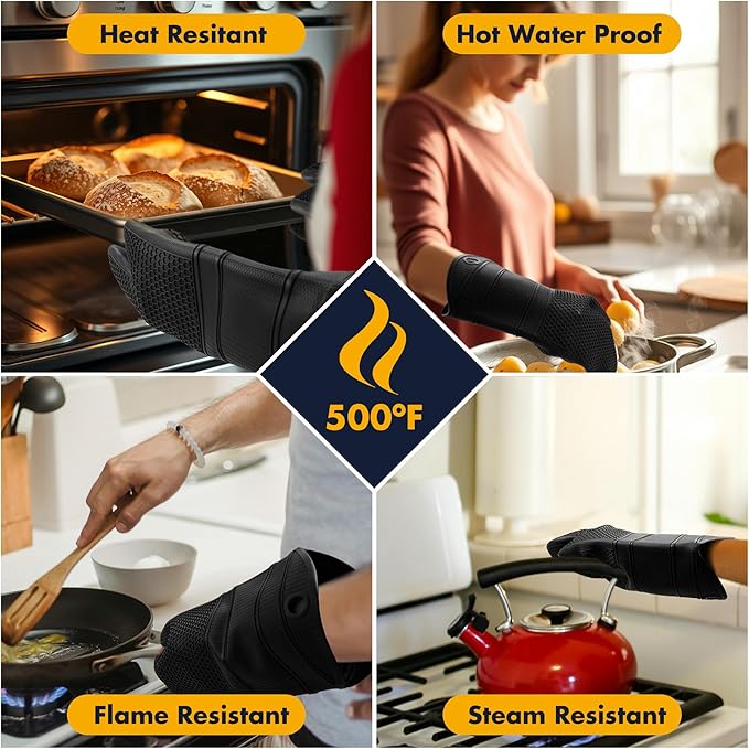1 Pair Oven Mitts,Silicone Oven Mitts,Long Cooking Gloves,Heat Resistant Oven Gloves Grill BBQ Gloves,Kitchen Home Essentials,12.9"*7.48" Black Mitt