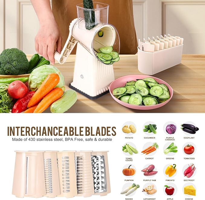 Rotary Cheese Grater with 5 Well-designed Blades & Strong Suction Base, Kitchen Mandoline Vegetable Slicer with Blade Storage Box(Off-white)