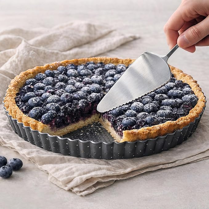 9 Inch Perforated Quiche Pan for Crispy Crust w/Cake Server. Removable Bottom, Non-Stick Coating, Rugged Carbon Steel Dish for Tart Quiche Pie Baking. Gift for Christmas Thanksgiving Party