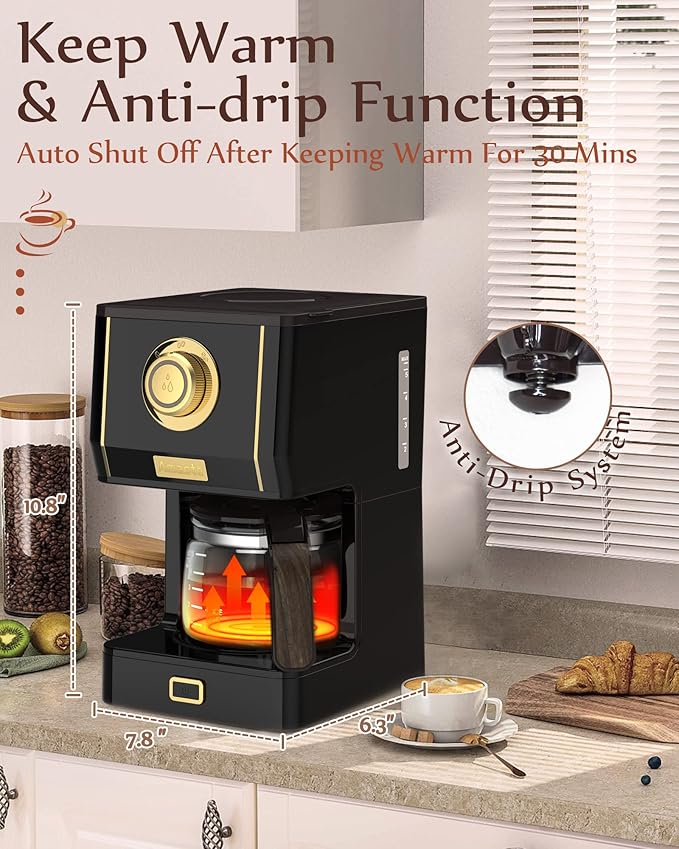 Amaste Coffee Maker, 25 Oz Drip Retro Style Coffee Machine with Glass Coffee Pot with Reusable Coffee Filter & Three Brewing Modes, Warming Plate, CM 1003AE-Black