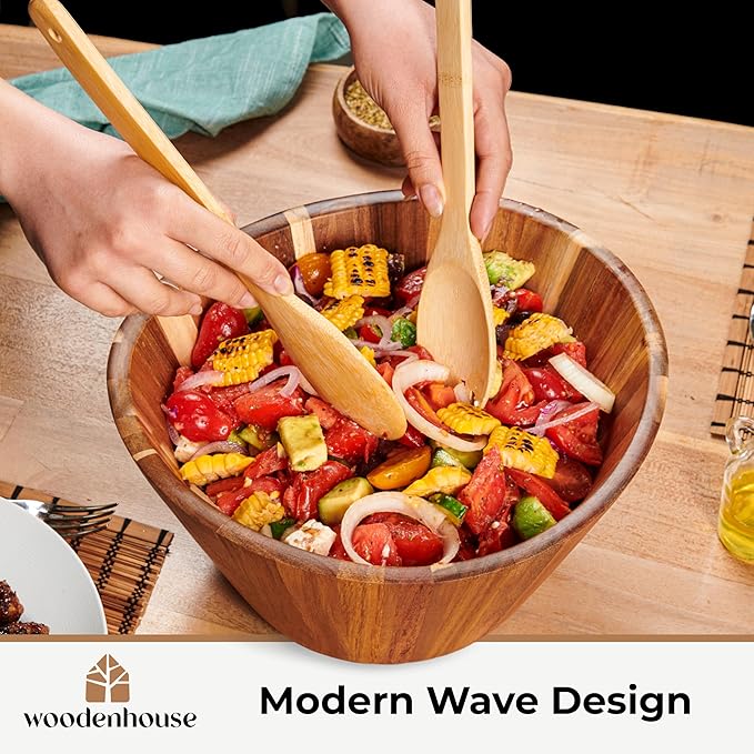 Woodenhouse Wooden Salad Bowl, Wooden Bowl, Fruit Bowl - 12" Wavy Large Salad Bowl for Serving, Handmade, Durable and Stylish Natural Wood Dining Accessory