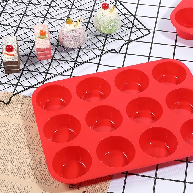 3 Pcs Silicone Muffin Pan Set, Silicone Muffin Pans for Baking Red 24/12/6 Cups Mini/Regular/Large Non-Stick Cupcake Pan for Kitchens, Restaurants, Bakeries