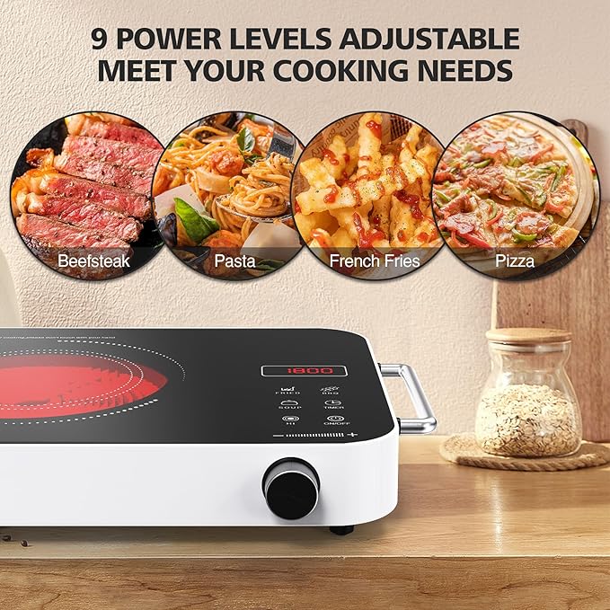 Electric Cooktop 110v, Portable Electric Stove 1800W Infrared Hot Plate, Nafewin Single Burner Cooktop Countertop with Handle, 4-Hours Timing Setting, Compatible for All Cookwares