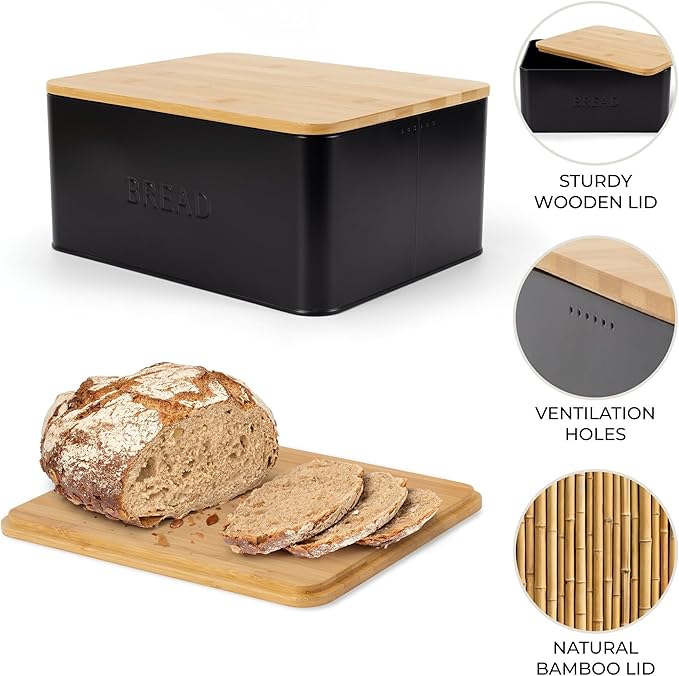 ZICOTO Beautiful Bread Box With Wooden Lid For Your Kitchen Countertop - Spacious Container Perfectly Stores Your Homemade Bread, English Muffins & Bagels - Quality Cutting Board Lid Keeps Loaf Fresh