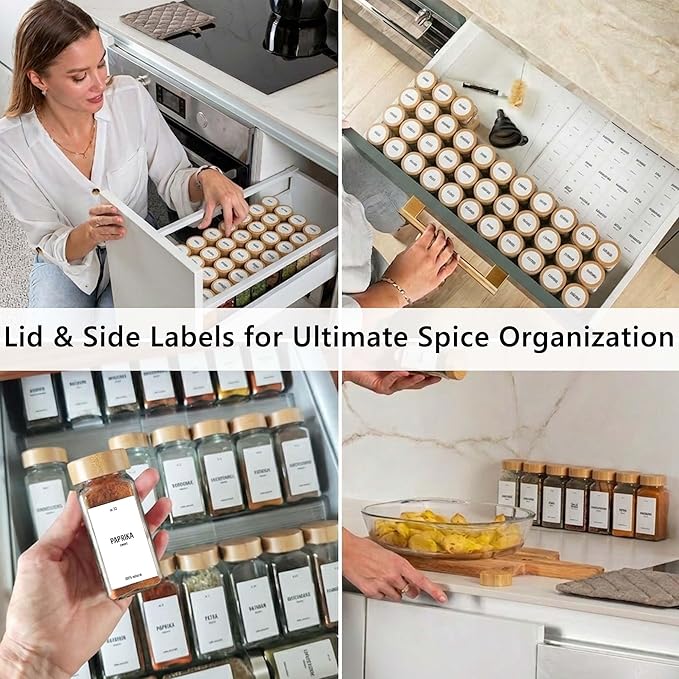 Deco haus Glass Spice Jars with White Label and Bamboo Lid 24x4oz [LABELS incl] Spice Containers with Labels, Shaker Lids & Funnel - Empty Herb Seasoning Containers, Small Seasoning Bottles for Her