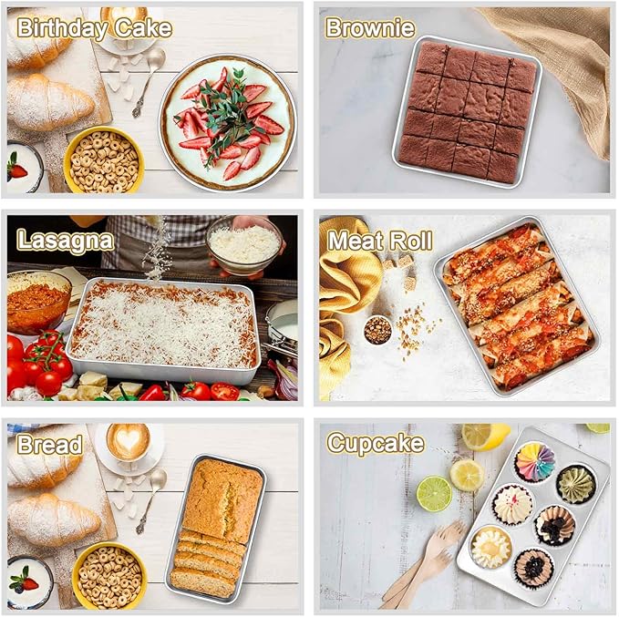 TeamFar Stainless Steel Bakeware Set, 13-Piece Metal Baking Roasting Pans with Lid, Rectangular/Square/Round/Lasagna/Loaf/Muffin Cake Pans, Non-Toxic & Sturdy, Smooth & Dishwasher Safe