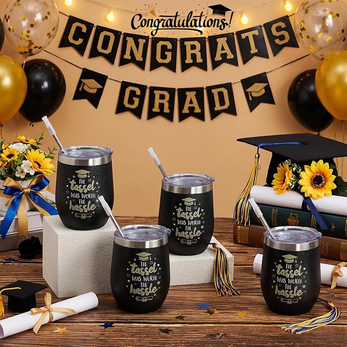 Sliner 4-pack 2026 Graduation Glitter Tumblers, 12oz Stainless Steel Insulated Wine Cups with Lids, Straws & Brushes - Sparkling Travel Mug Set for School & College Graduate (4 Pack,Graduation Style)