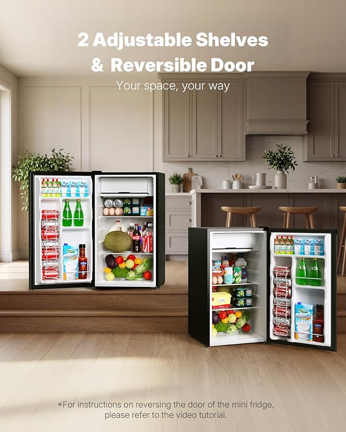 Upstreman 3.2 Cu.Ft Mini Fridge with Freezer, Single Door Compact Refrigerator, Adjustable Thermostat, Small Refrigerator for Dorm, Bedroom, Office, Black-BR321