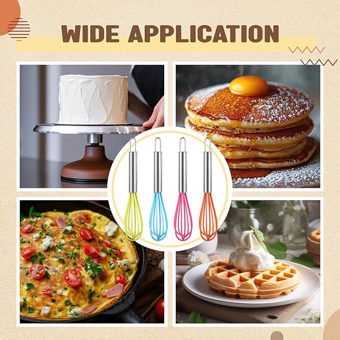 Baderke 12 Pcs 6 Inch Mini Whisks Bulk with Stainless Steel Handles Small Silicone Kitchen Whisks Non Stick Tiny Balloon Wire Whisk for Mixing Stirring Baking Cooking Party Favor Gift (Bright Color)