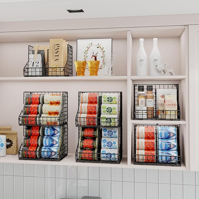 Stackable Can Organizer for Pantry with 2 Adjustable Dividers, Soda Can Organizer, Can Storage Dispenser Holds up to 28 Cans, 2 tier Metal Wire Baskets Can Holder for Kitchen Cabinet Pantry, Black