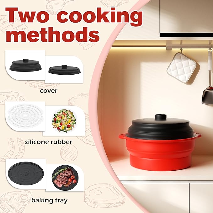 Microwave Steamer for Vegetables | Microwave Grill Pan & Steamer Bowl | Microwave Silicone Cookware | Microwave Popcorn Popper | Dishwasher Safe