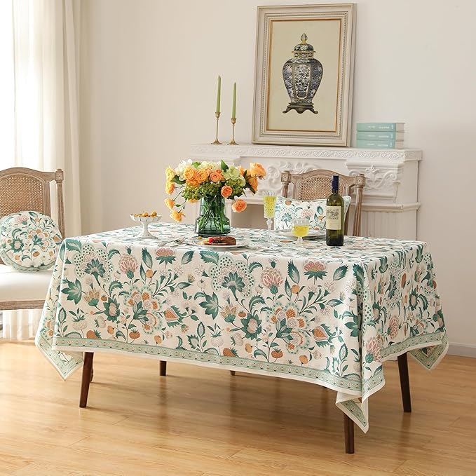 patdrea Designer Green Rectangle Table Cloth,Vintage Italian Floral Country Linen Breathable Tablecloth,Decor Cover for Kitchen Dining,Christmas,Tea Party,Thanksgiving,63"x87"-Tree Life